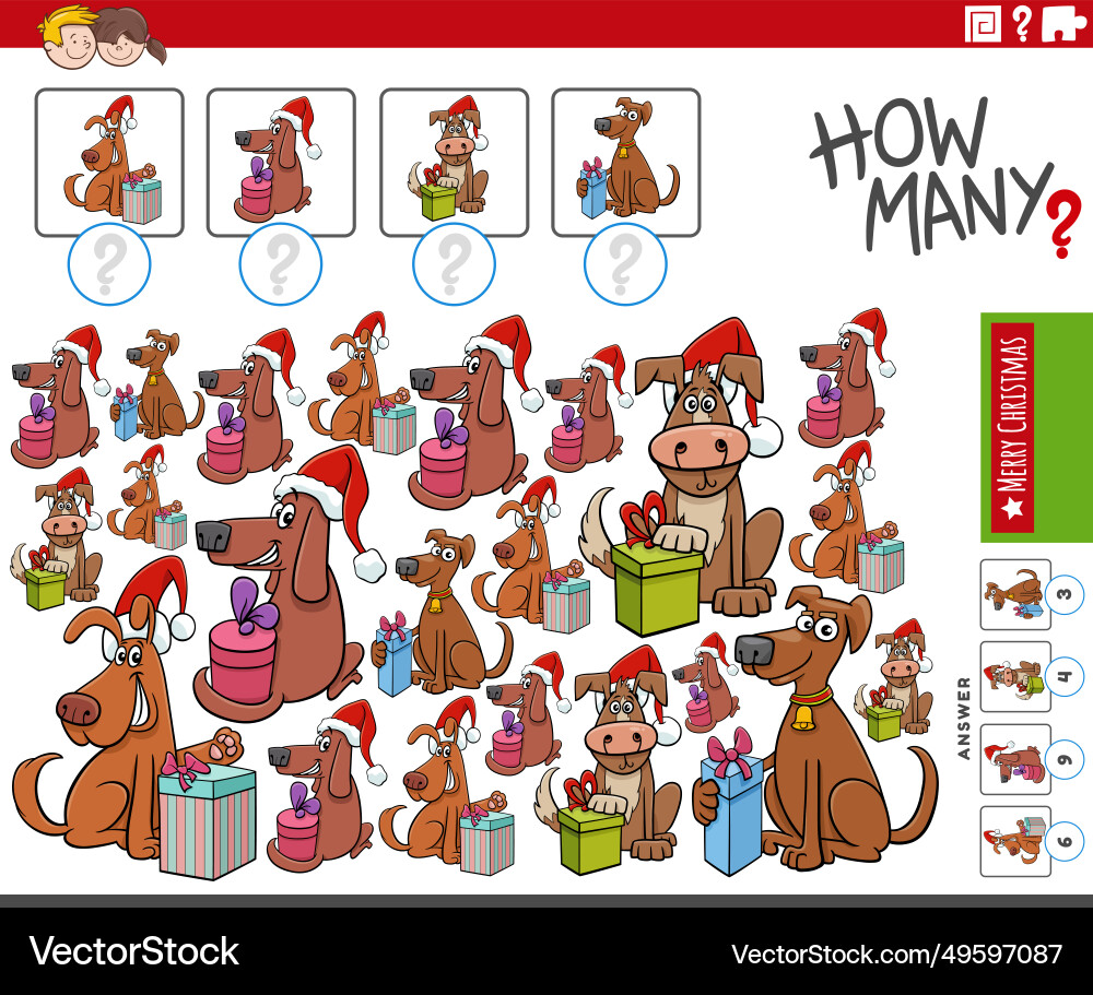 Counting activity with cartoon dogs on christmas Counting activity with cartoon dogs on christmas vector image