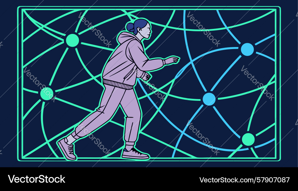 Person running in a digital network grid design vector image