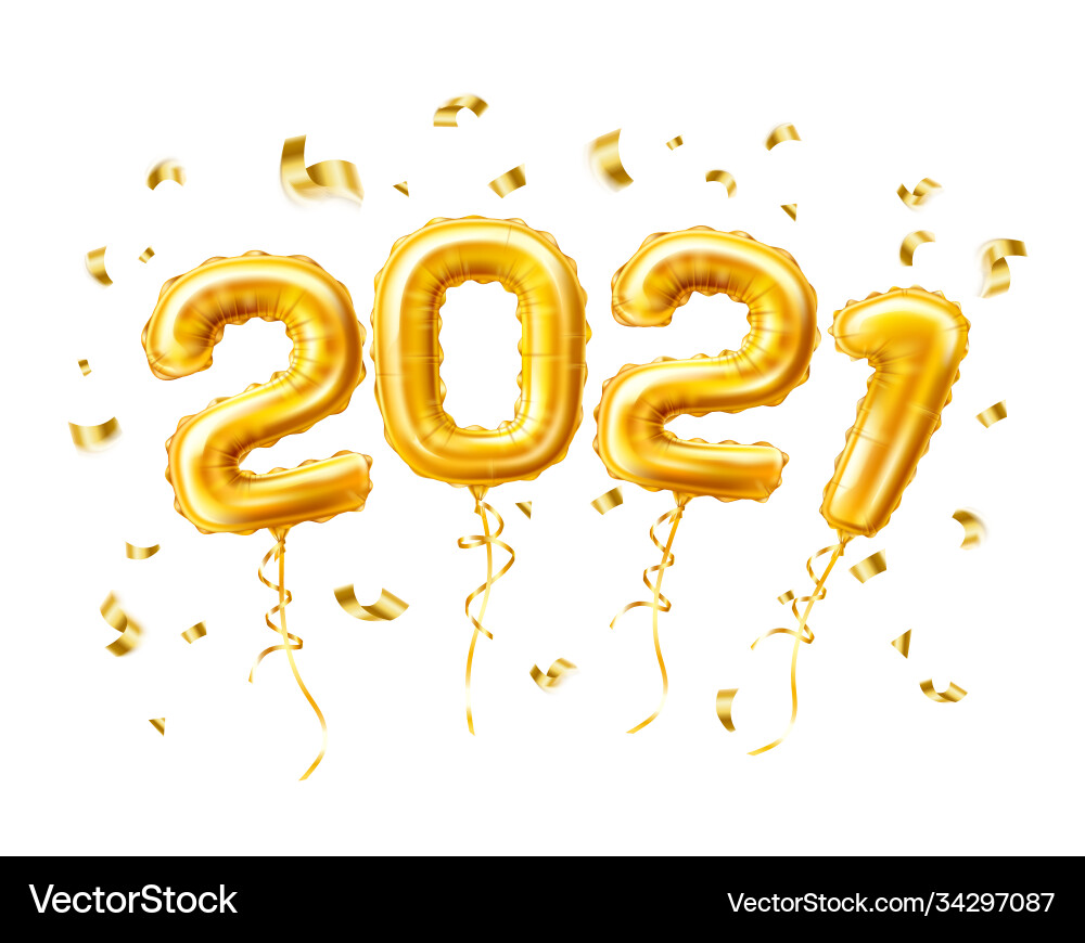 Realistic 2021 gold air balloons confetti new year Realistic 2021 gold air balloons confetti new year vector image