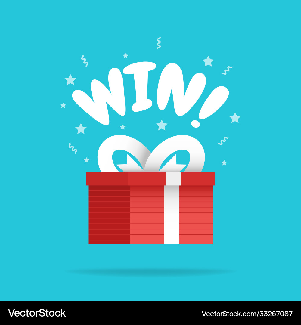 Shining gift box with win sign and stars present Shining gift box with win sign and stars present vector image