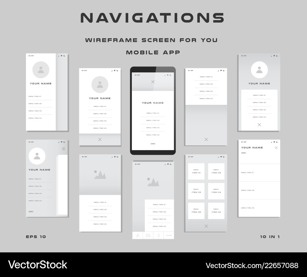 10 UI Kit Wireframes - Mobile App Navigation vector image