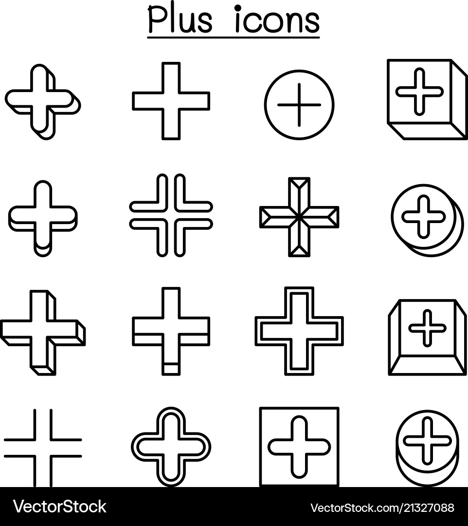 Plus Cross Add Icon Set - Thin Line Style vector image
