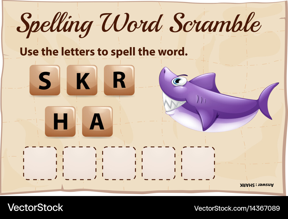 Spelling word scrable game with shark Vector Image