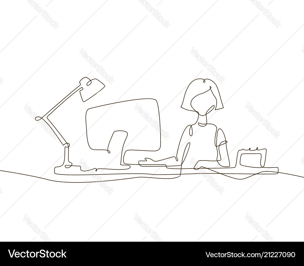 Süße Schulmädchen am Computer - Single Line Art Vektorbild