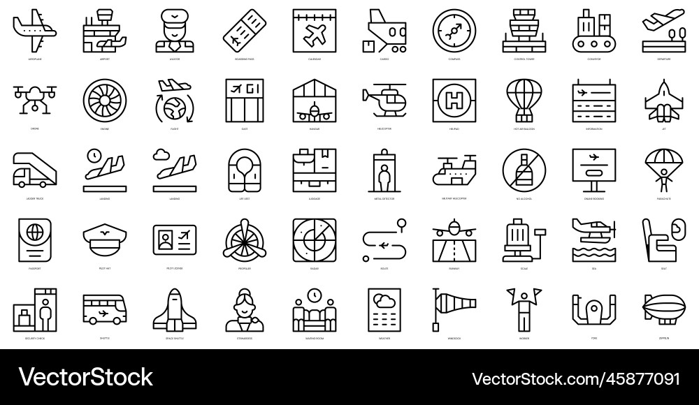 Aviation Thin Line Icons Set Vector Image