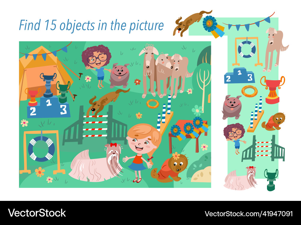Find 15 hidden objects in picture dog show Find 15 hidden objects in picture dog show vector image