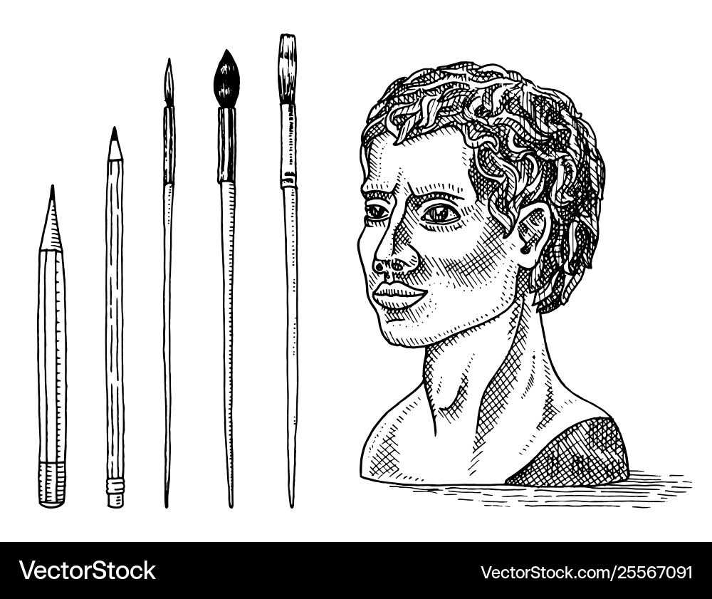 Gypsum statue or sculpture and brushes in vintage Gypsum statue or sculpture and brushes in vintage vector image