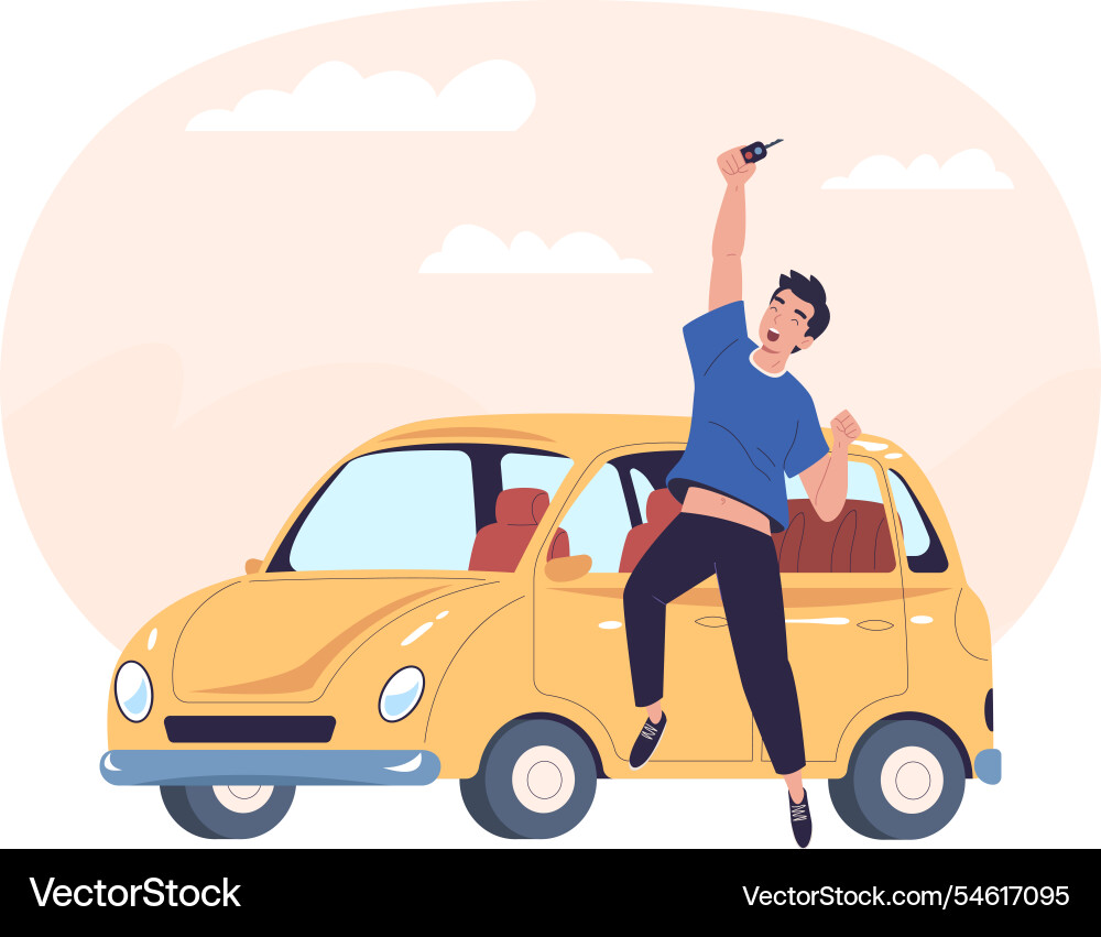 Happy car owner man buy or lease new automobile Happy car owner man buy or lease new automobile vector image