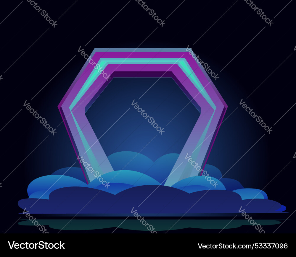 Neon hexagon portal emerging from clouds over Neon hexagon portal emerging from clouds over Vector Image