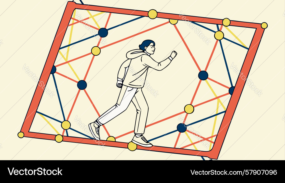 Person in network grid interacting with data Vector Image