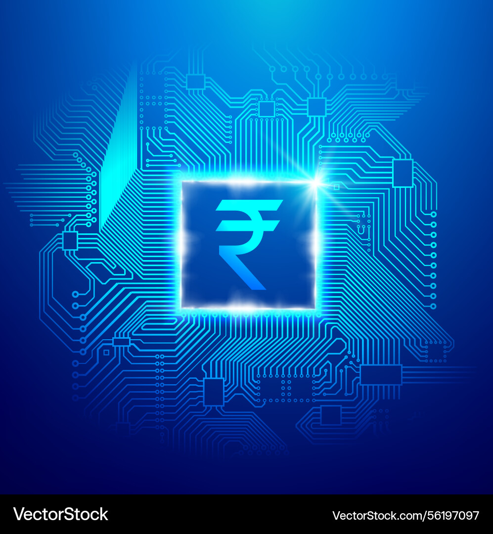 Digital rupee symbol embedded in glowing microchip Digital rupee symbol embedded in glowing microchip vector image