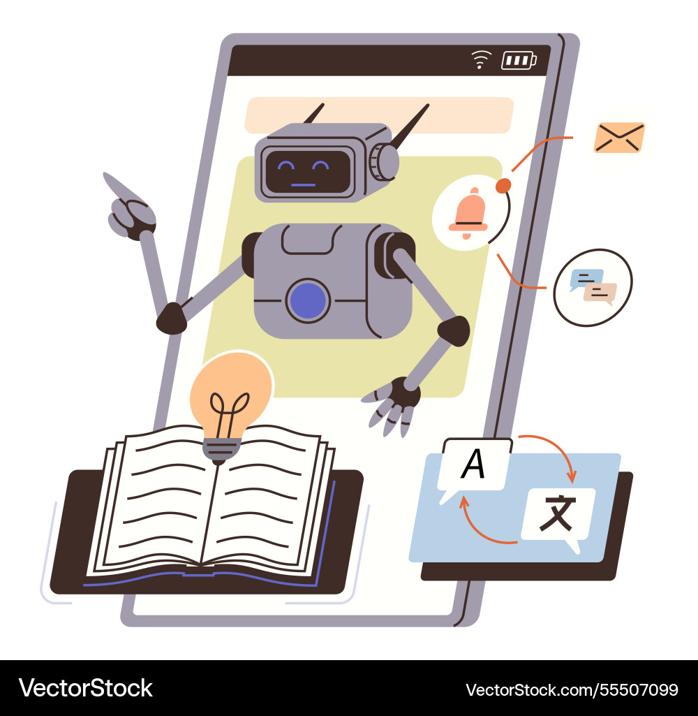 Ai-powered robot assisting with translation Ai-powered robot assisting with translation Vector Image