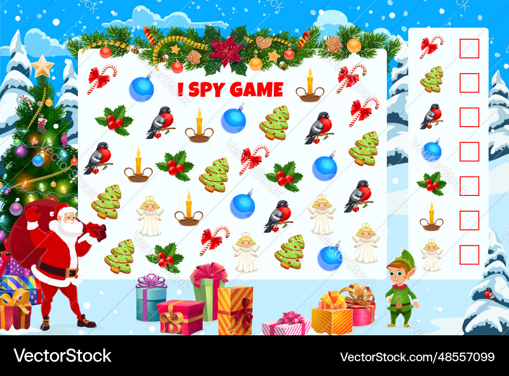 Christmas i spy game worksheet kids riddle Christmas i spy game worksheet kids riddle vector image