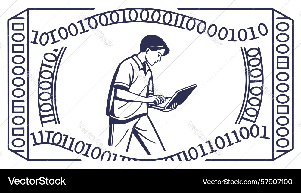 Man working on laptop with flowing binary code vector image