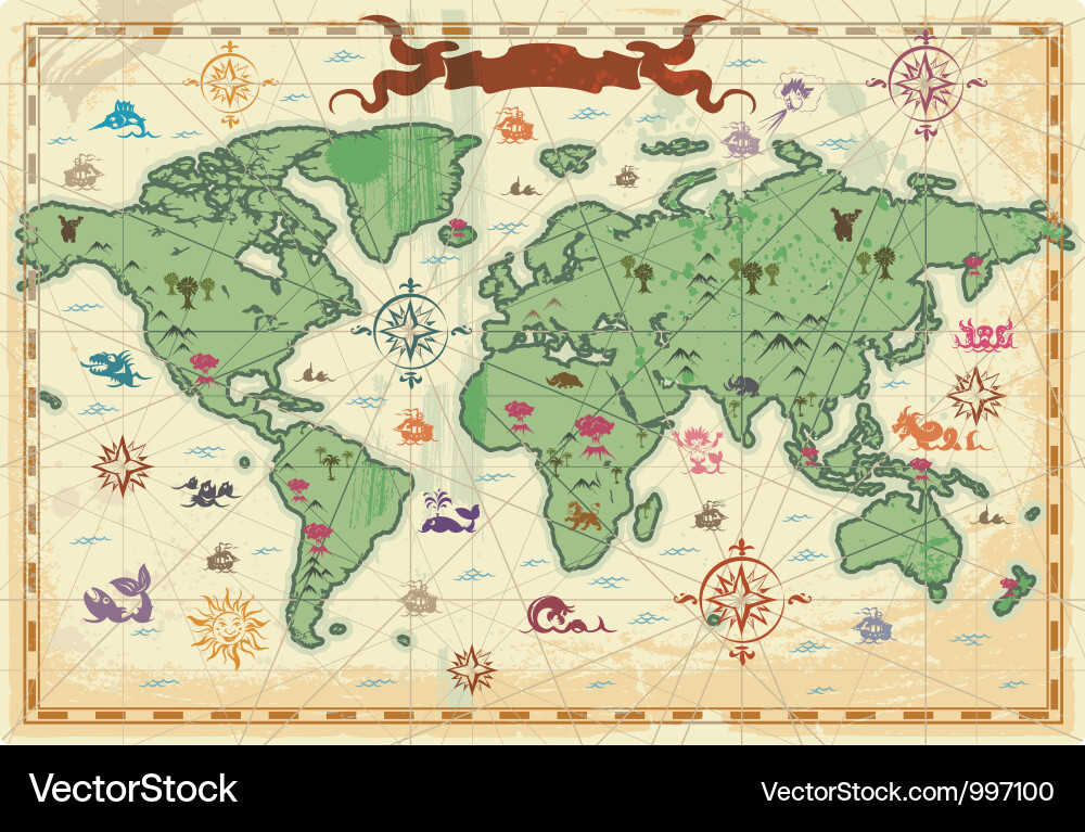 Retro World Map with Monsters Vector Image