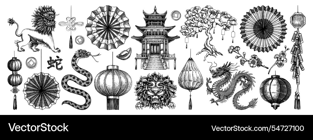 Traditional china sketches set chinese new year Traditional china sketches set chinese new year vector image