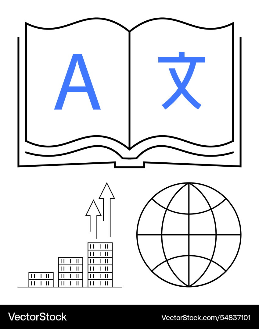Open book with multilingual letters bar graph Open book with multilingual letters bar graph vector image