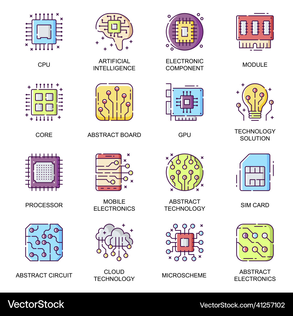 Electronics parts flat icons set artificial Electronics parts flat icons set artificial vector image