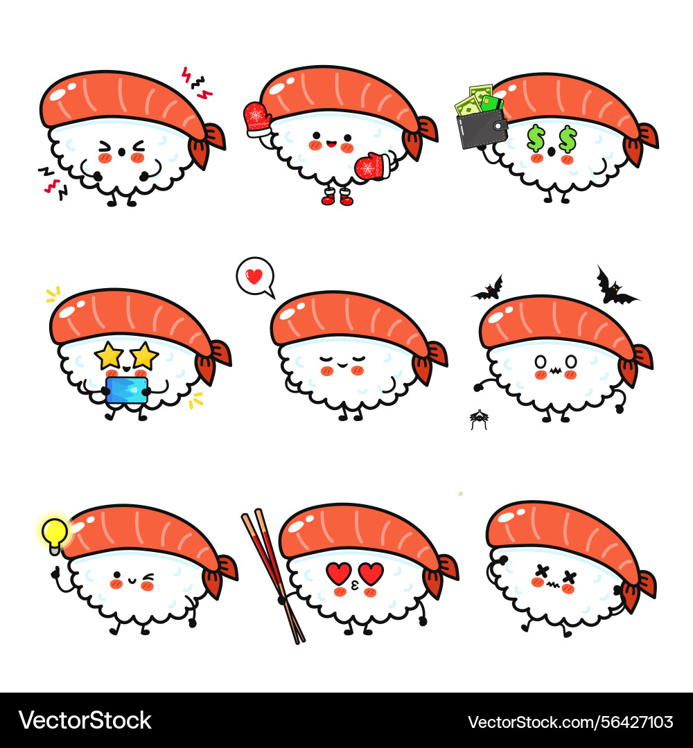 Charming sushi characters expressing various Charming sushi characters expressing various Vector Image