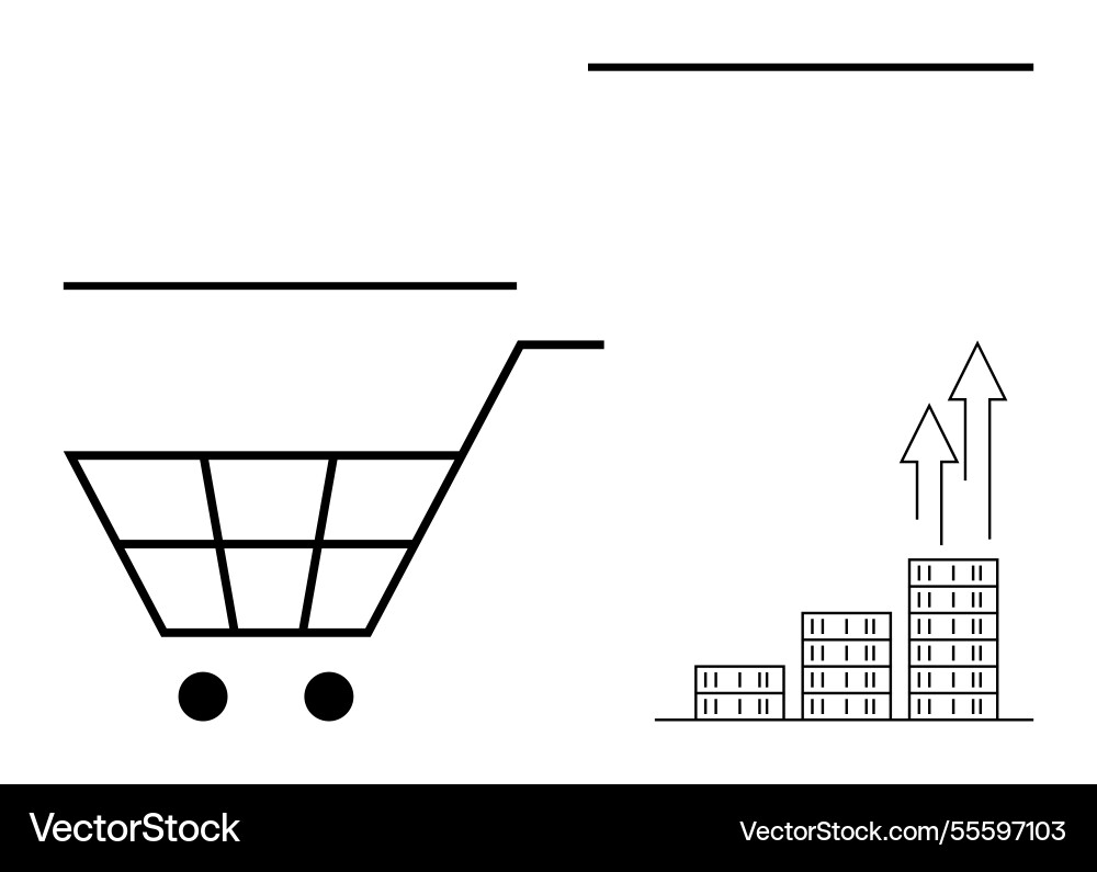 Shopping cart next to bar graph with upward arrows Vector Image
