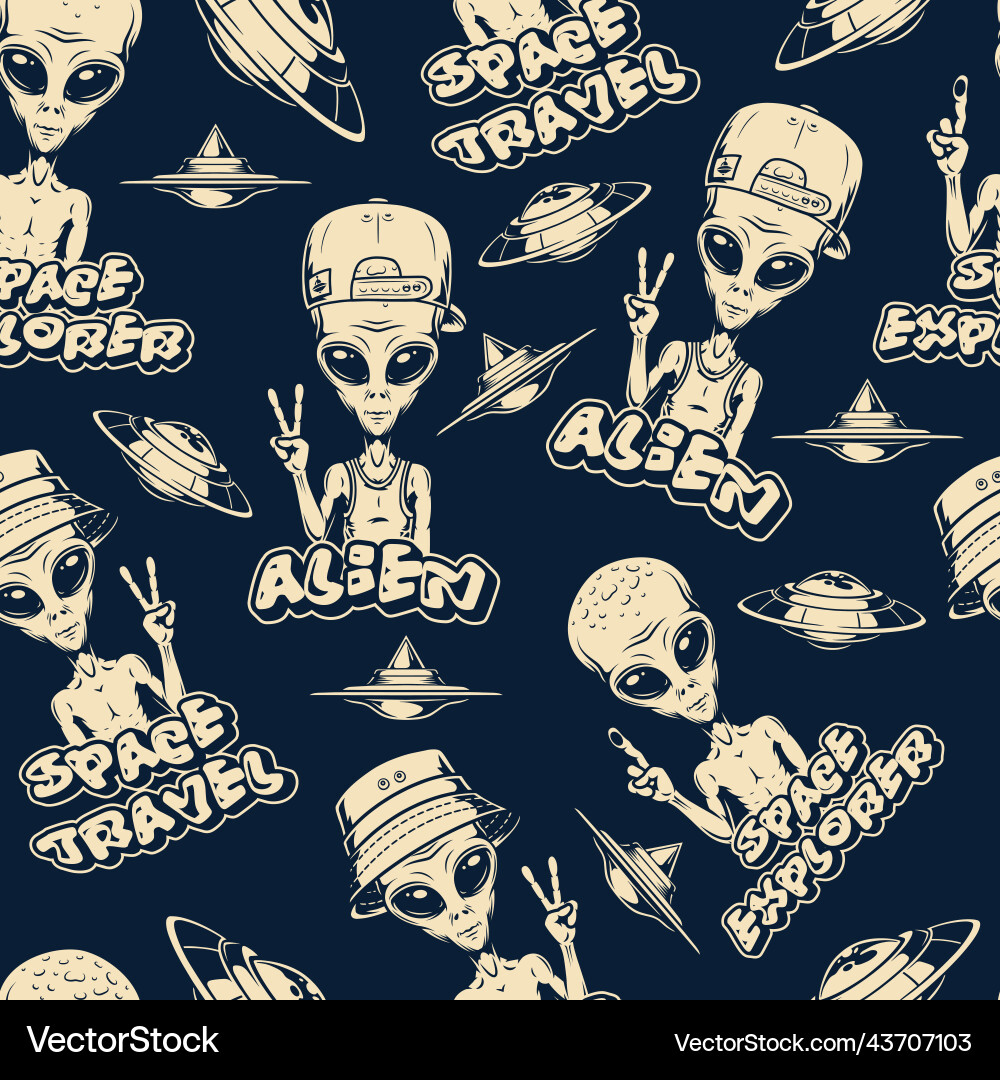 Space alien monochrome pattern seamless Royalty Free Vector