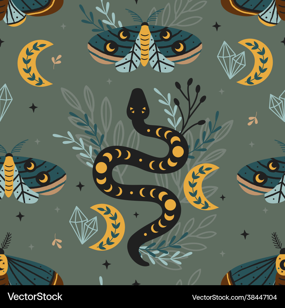 Magical Forest Pattern with Moth & Snake vector image