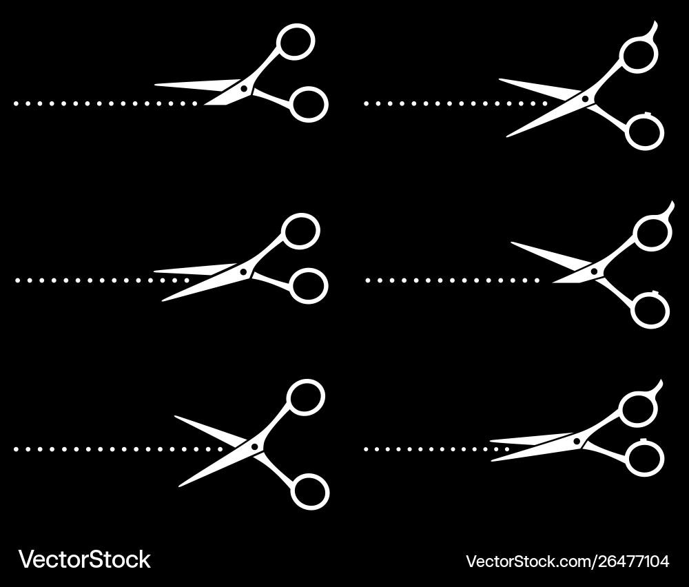 Set white scissors cutting points dotted line Set white scissors cutting points dotted line Vector Image