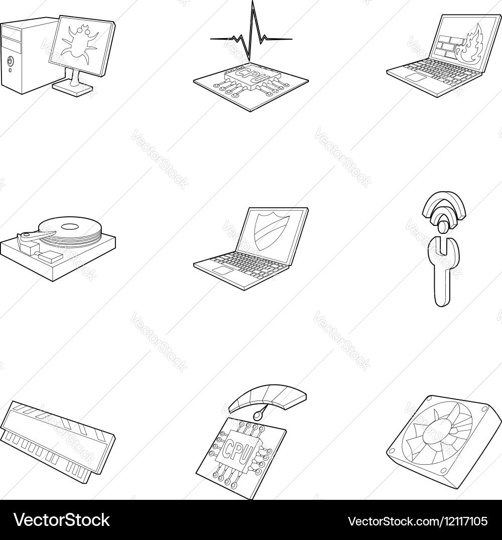 Computer setup icons set outline style vector image