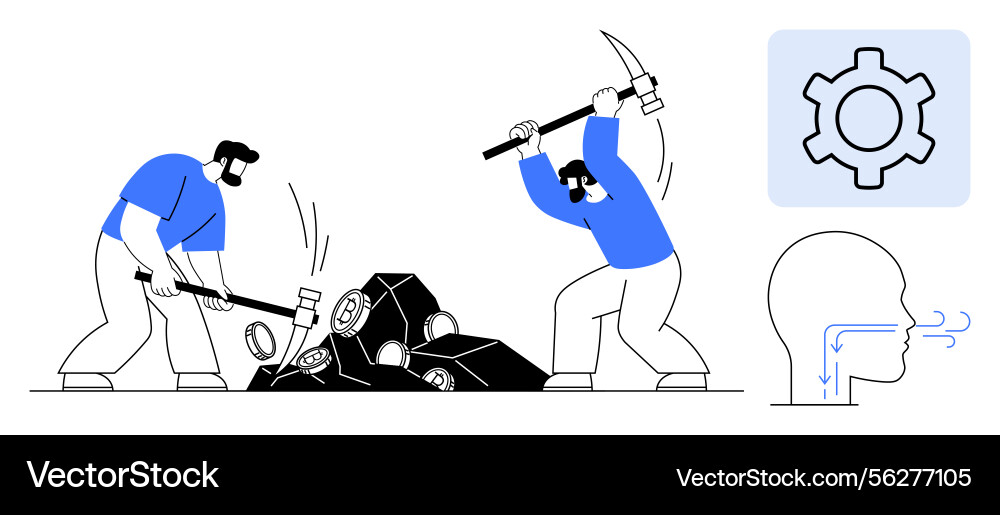 Workers mining resources with tools amid symbolic Workers mining resources with tools amid symbolic vector image