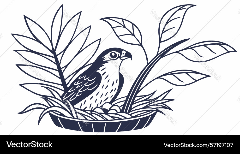 Bird in nest on branch with leaves design vector image