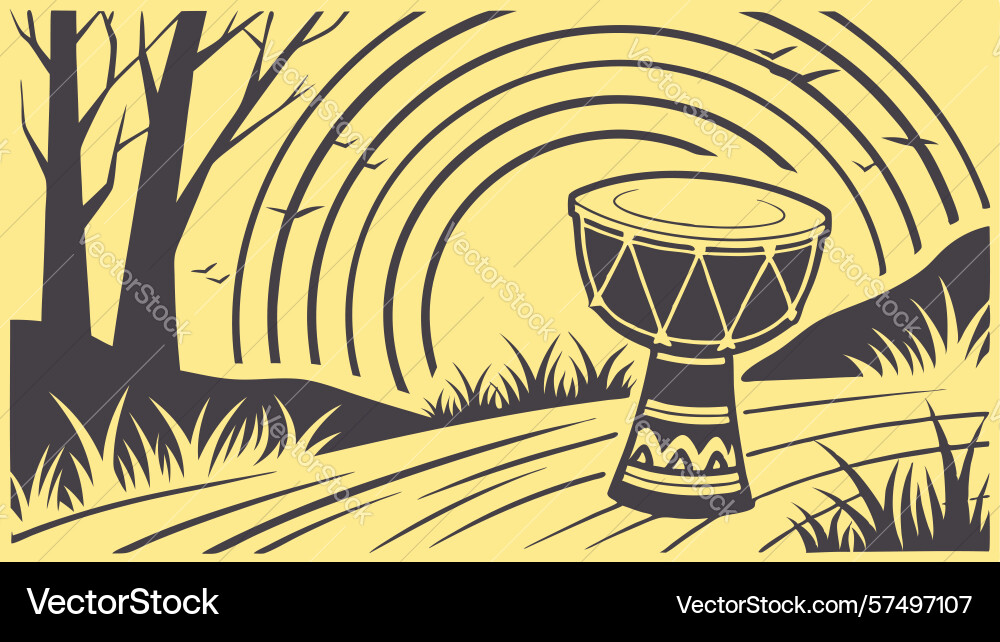 Djembe drum in field with abstract wavy lines vector image