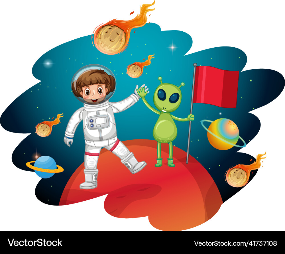 An astronaut with alien standing on planet An astronaut with alien standing on planet vector image