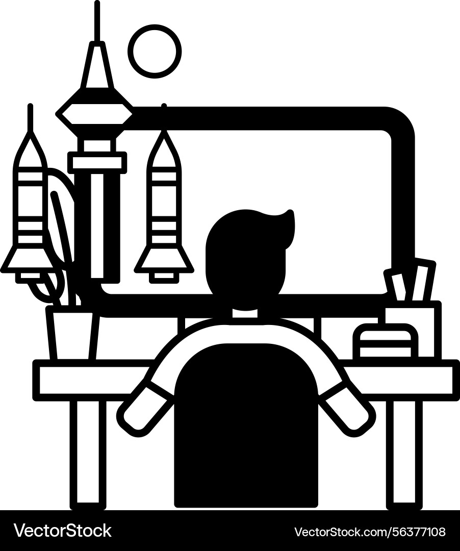 Man is sitting at a desk with computer monitor Man is sitting at a desk with computer monitor Vector Image