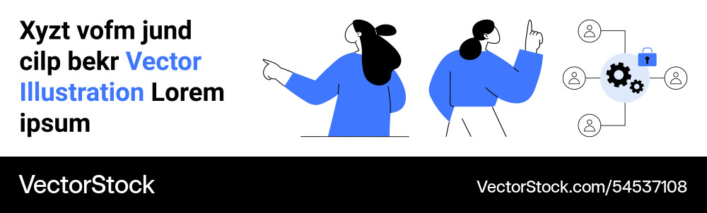 Two figures pointing at icons representing Two figures pointing at icons representing vector image