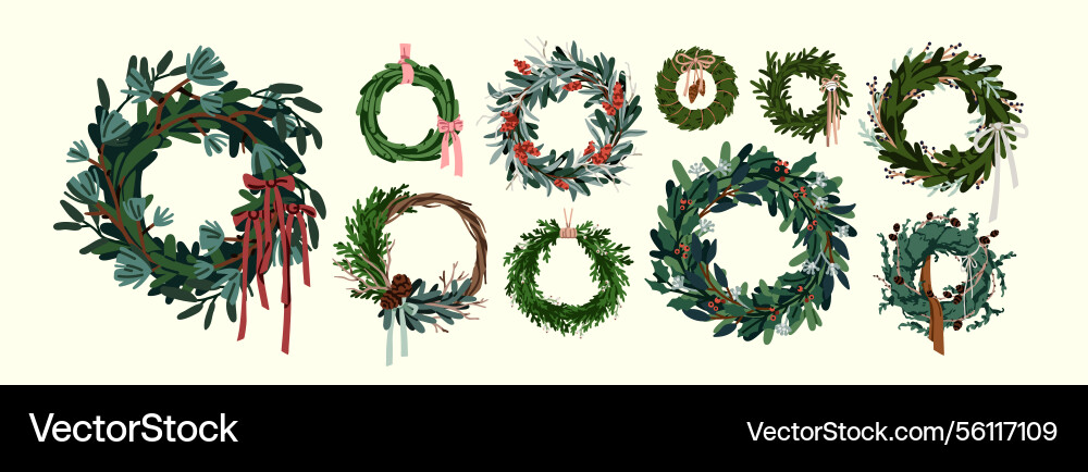 Christmas wreaths set festive xmas decoration Christmas wreaths set festive xmas decoration vector image