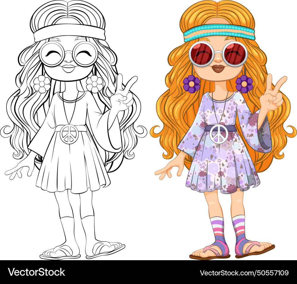 Colorful and black-and-white hippie girl Colorful and black-and-white hippie girl vector image