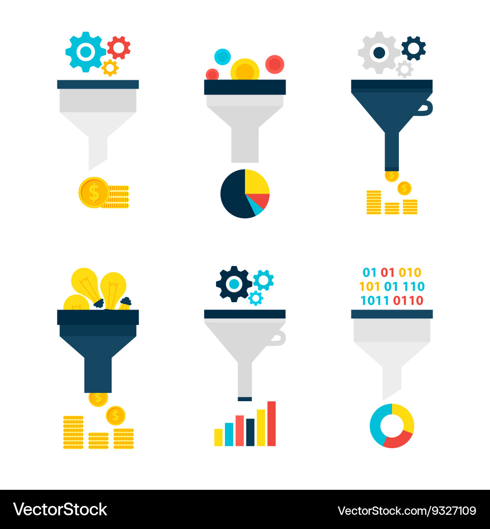 Flat Funnel Chart Data Icons Set vector image