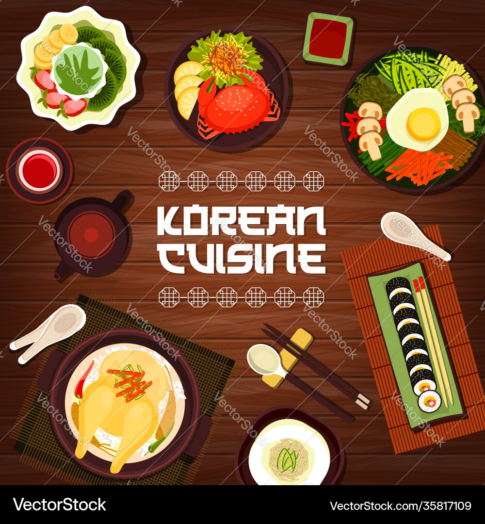 Korean cuisine cartoon poster korea meals Korean cuisine cartoon poster korea meals vector image
