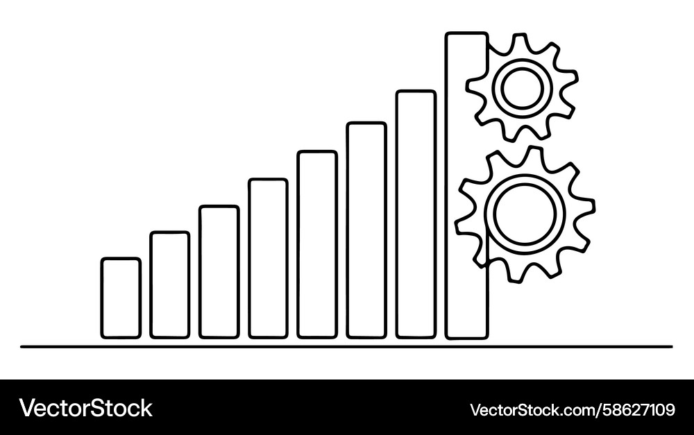 Single line drawing of a bar graph with gears Vector Image