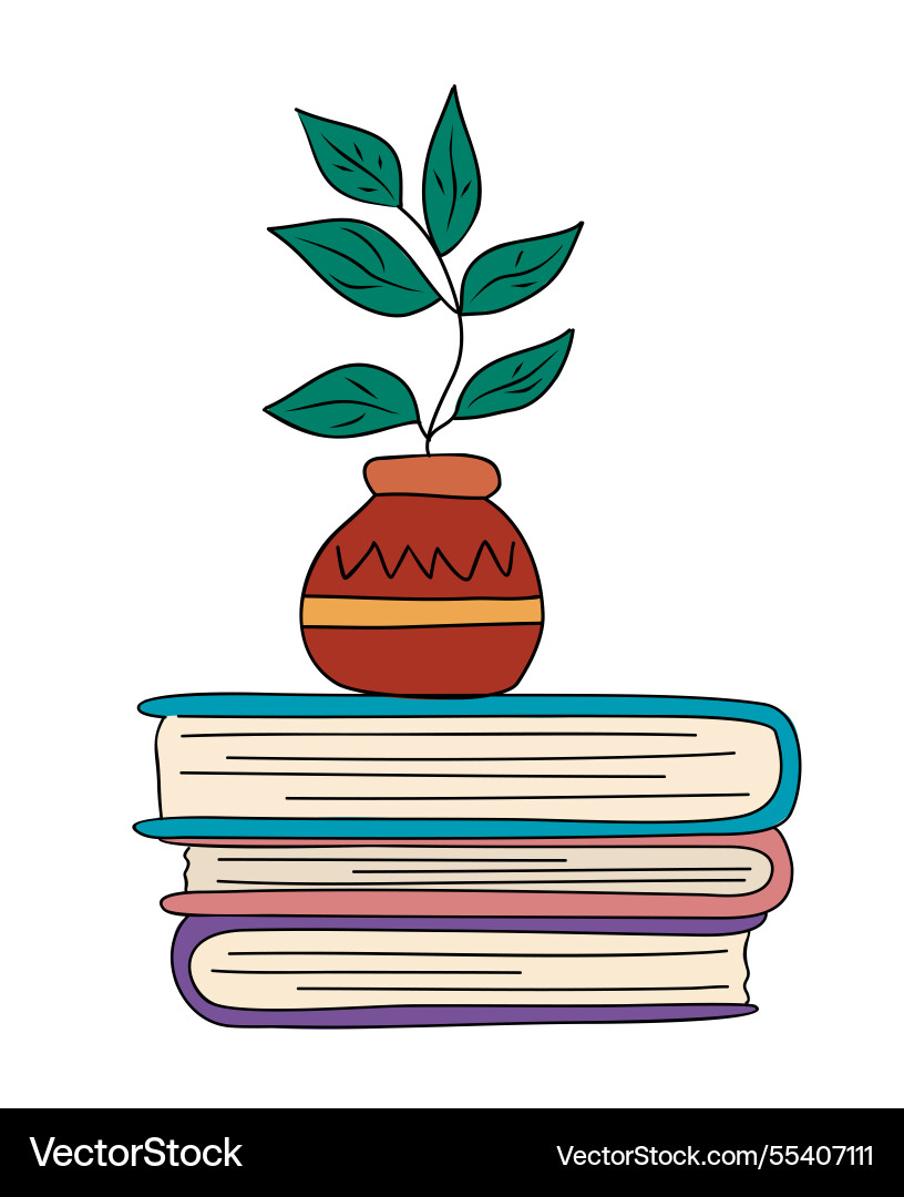 Composition with stack of books and branch in vase Composition with stack of books and branch in vase vector image