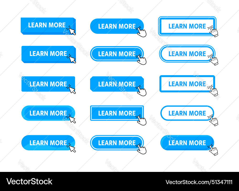 Learn more button with pointer clicking web Learn more button with pointer clicking web vector image