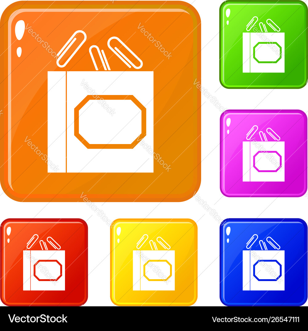 Paper clips box icons set color Paper clips box icons set color vector image