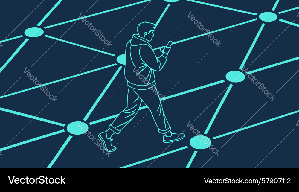Person running in a digital network grid design Vector Image