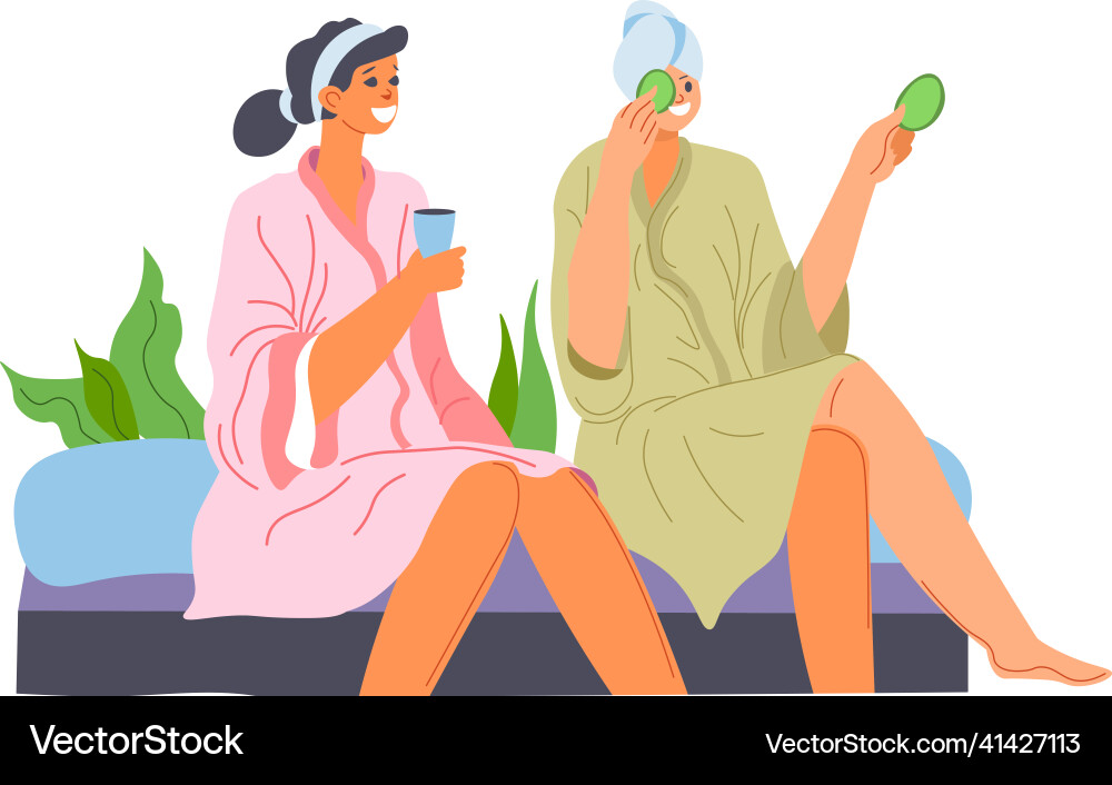 Female friends drinking tea or water in spa salon Female friends drinking tea or water in spa salon vector image