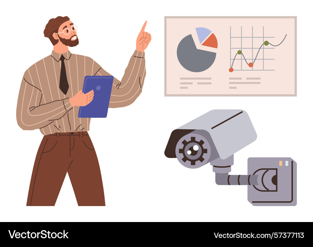 Man analyzing data charts with security camera Man analyzing data charts with security camera Vector Image