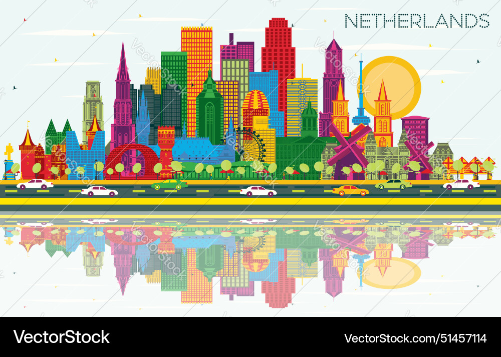 Netherlands skyline with color buildings blue sky Netherlands skyline with color buildings blue sky vector image