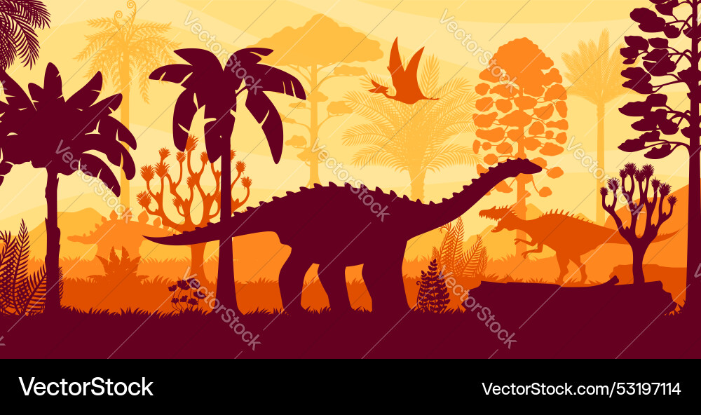Prehistoric dinosaurs silhouettes in jungle forest Prehistoric dinosaurs silhouettes in jungle forest vector image
