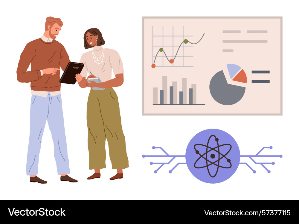 Colleagues discussing data insights with graphs Colleagues discussing data insights with graphs vector image