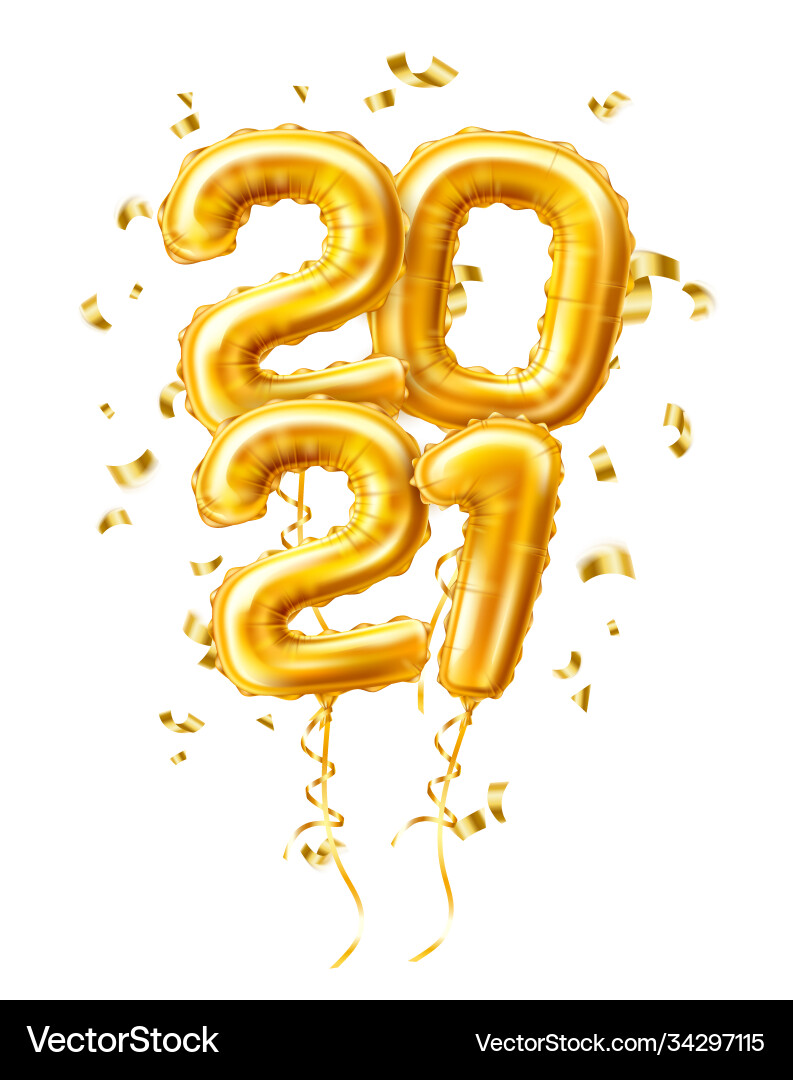 Realistic 2021 gold air balloons confetti new year Realistic 2021 gold air balloons confetti new year vector image