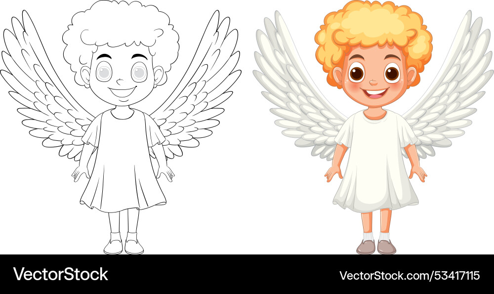 Smiling child with wings in color and outline Vector Image